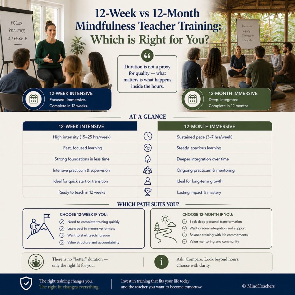 12-Week vs 12-Month Mindfulness Teacher Training: Which Is Right for You? (2027) 12-Week vs 12-Month Mindfulness Teacher Training: Which Is Right for You? (2027)